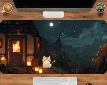 Spooky Ghost Cat Desk Mat, White Cat Mouse Pad, Goth Deskmat, Halloween Deskmat, Dark Cottagecore Deskmat, Cute Cat Mousepad