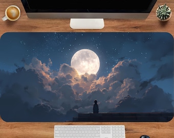 Star and Moon Mouse Pad, Moon Sky Desk Mat, Celestial Deskmat, Dreamy Cloud Mouse Pad, Starry Sky Desk Mat, Extended Mouse Pad