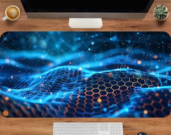 Blue Geometrical Pattern Mousepad, Big Gaming Desk Mat, Tech Desk Mat, Sinthwave Mouse Pad, Cyber Desk Pad, Company Mousepad, Gaming Setup
