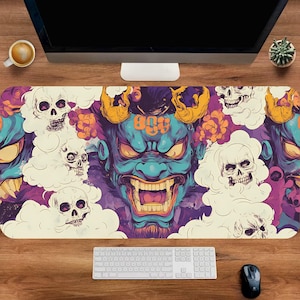 May include: A purple and blue demon face with horns and a large mouth, surrounded by white clouds and skulls. The background is a purple and blue gradient with white clouds and skulls.