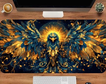 May include: A blue and gold eagle with outstretched wings against a dark blue background. The eagle has a golden halo and is surrounded by gold and blue feathers.