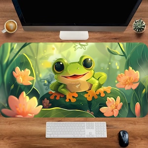Cute Frog Deskmat, Kawaii Frog Gaming Mouse Pad, Animal Desk Mat, Floral Deskmat, Green Mouse Pad, Cute Office Decor, Large Deskmat Nature