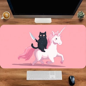 Rosa Einhorn Schreibtischmatte, schwarze Katze Mauspad, rosa Schreibtischmatte, süße Katze Schreibtischmatte, süße Schreibtischunterlage, beste Mauspad, Geschenk für Mädchen, Gaming Einrichten