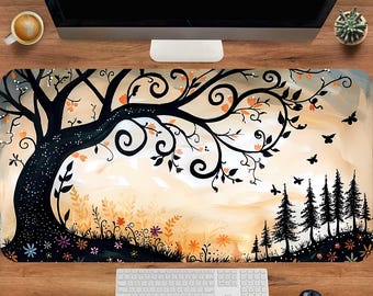 Tree Desk Mat, Woodland Mouse Pad, Autumn Nature Deskmat, Fantasy Forest Gaming Mouse Pad, Large Keyboard Mat, Aesthetic Desk Decor