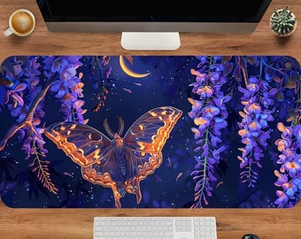 Moth Desk Mat, Cute Gaming Mouse Pad, Purple Large Deskmat, Wisteria Flowers Mouse Pad, Cute Office Decor, Gift For Plant Lover, Gamer Setup