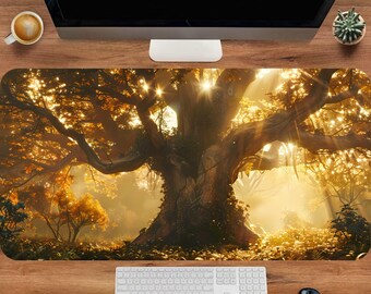 Golden Tree Desk Mat, Nature Mouse Pad, Tree Desk Mat, Forest Gaming Mouse Pad, Botanical Desk Pad, Large Keyboard Mat, Office Desk Decor