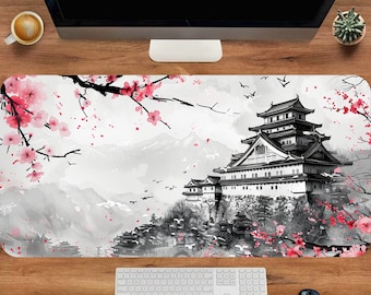 Japanese Gaming Desk Mat, Anime Mousepad, Cute Mouse Pad, Cherry Blossom Floral Deskpad, Office Table Organizer, Large Deskmat