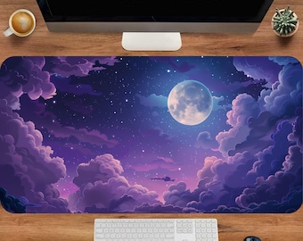 Tappetino da scrivania con la luna, tappetino da scrivania con cielo notturno celeste, tappetino per mouse con nuvole estetiche, postazione di lavoro da sogno, tappetino per mouse da gioco esteso