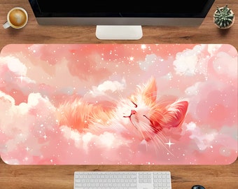 Cute Desk Mat, Pink Cat Desk Mat, Kawaii Pink Desk Mat, Anime Desk Mat, Cute Gift For Cat Lovers, Mouse Pad Pastel Pink