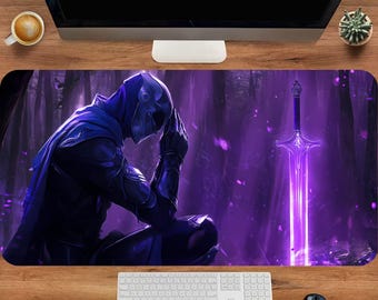 Fallen Knight Anime Desk Mat, Purple Gaming Mouse Pad, Dark Fantasy Deskmat, Anime Gamer Setup, XXL Keyboard Pad, Fantasy Mousepad