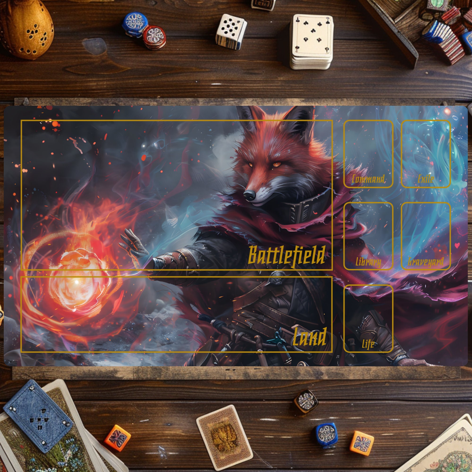 MTG ニールセン 狼プレイマット Fox Wizard MTG Playmat, Furry Fox Play Mat, Magic the Gathering