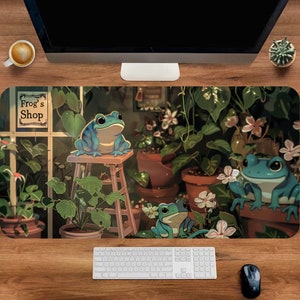 Floral - Green Desk Mat, Frog Desk Mat, Anime Gaming Mouse Pad, Cute Kawaii Deskmat, Office Table Organizer, Large Deskmat Nature
