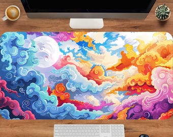 May include: A colorful abstract design of swirling clouds in shades of blue, purple, orange, and yellow. The clouds are set against a light blue sky with white clouds.