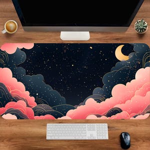 Star and Moon Mouse Mat, Pink Cute Cloud Mouse Pad, Astrology Desk Pad, Cottagecore Desk Mat, Pink Celestial Deskmat, Desk Decor, Xmas Gift