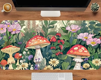 Mushroom Desk Mat, Red Floral Mousepad, Forest Deskmat, Vintage Nature Mousepad, Large Mouse Pad, Cute Office Decor, Extended Keyboard Mat