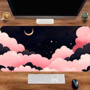 Cute Cloud - Star and Moon Mousepad, Pink Mouse Pad, Astrology Deskpad, Cottagecore Desk Mat, Pink Celestial Deskmat, Mother&#39;s Gift