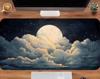 Tappetino da scrivania con nuvole lunari, tappetino da scrivania con cielo notturno, tappetino per mouse con luna da sogno, postazione scrivania accogliente ed estetica, tappetino da scrivania celeste, tappetino per mouse esteso