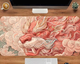 Pink Dragon Mousepad, Dragon Desk Mat, Gaming Mouse Pad, Japanese Deskpad, Office Table Organizer, Large Deskmat, Desk Decor, Gamer Setup
