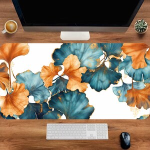 Gold Blumen Schreibtischmatte, Ginko Maus Pad, Floral Schreibtischmatte, Cottagecore Schreibtischmatte, Mauspad Designs, süße Schreibtischunterlage, Beste Mauspad, Gaming-Set