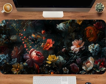 Dark Botanical Desk Mat, Goth Floral Mouse Pad, Cottagecore Desk Mat, Dark Academia Mouse Pad, Large Floral Deskmat, Office Desk Decor