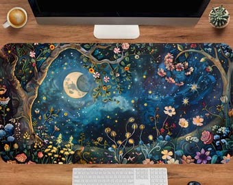 May include: A rectangular desk mat featuring a vibrant nocturnal forest scene with a crescent moon, glowing stars, and various colorful flowers. The design includes large tree trunks on the sides, swirling blue and dark purple sky elements, and scattered yellow light points throughout the landscape.