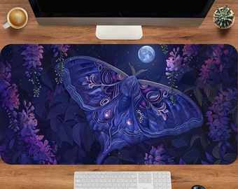 Moth Desk Mat, Cute Gaming Mouse Pad, Purple Large Deskmat, Wisteria Flowers Mouse Pad, Cute Office Decor, Gift For Plant Lover, Gamer Setup