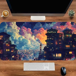 Night City Desk Mat, Pink Gaming Mouse Pad, Studio Ghibli Mousepad, Anime Mouse Pad, Cute Keyboard Mat, Desk Organizer, Large Deskmat