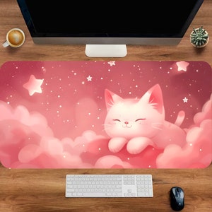 Cat Desk Mat, Kawaii Mouse Pad, Pink Cat Desk Mat, Japanese Mousepad, Pink Desk Pad, Extra Large Desk Mat, Mouse Pad Large, Cat Lover Gifts