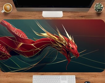 Red Dragon Desk Mat, Aesthetic Gold Mousepad, Cute Dragon Mat, Cottagecore Desk Mat, Gaming Mouse Pad, Office Table Organizer, Large Deskmat