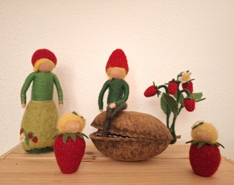 Blumenkinder "Erdbeerfamilie"  oder einzelne Figuren, handmade, genäht, trockengefilzt, Jahreszeiten, Waldorf