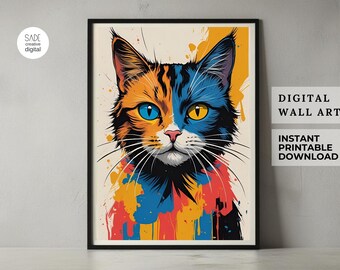 Retrato de gato estilo Pop Art, Arte mural geométrico y colorido (Descarga digital)