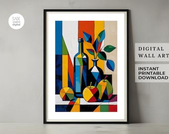 Cubism Still Life Wall Art | Picasso Inspired Digital Poster | Colorful Abstract Modern Print