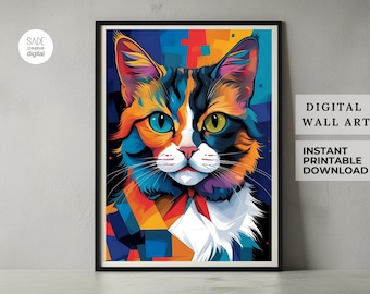 Retrato de gato en estilo pop art: Estampado geométrico colorido (descarga digital)