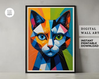 Colorful Pop Art Cat Portrait: Modern Digital Wall Art (Instant Download