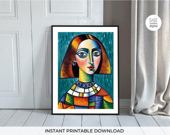 Colorful Cubism Woman Portrait | Picasso Style Abstract Wall Art | Modern Digital Download Painting