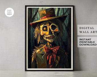 May include: Digital wall art print depicting a scarecrow with a skull-like face, wearing a hat and bow tie. The artwork has a geometric style with a dark forest background. The print is labelled "DIGITAL WALL ART" and "INSTANT PRINTABLE DOWNLOAD."