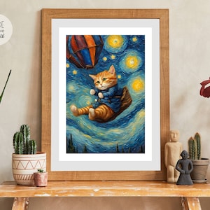 Fliegende Katze Sternennacht Kunstdruck im Van Gogh Stil (Digitaler Download)