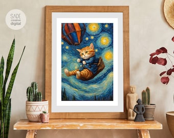 空飛ぶ猫 星月夜 アートプリント：ゴッホ風（デジタルダウンロード）