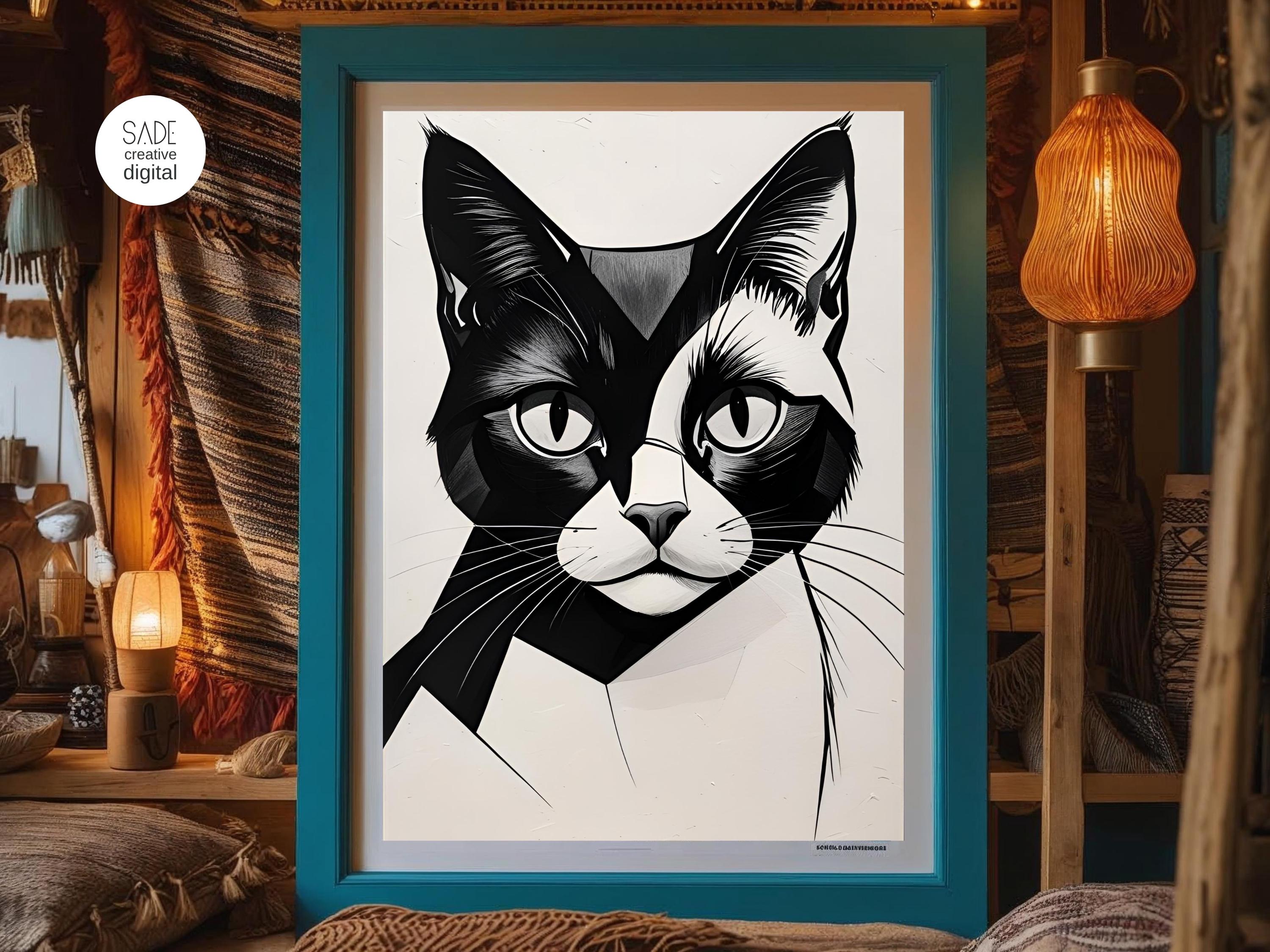 Minimalist Black and White Cat Art Print: Modern Feline Illustration ...