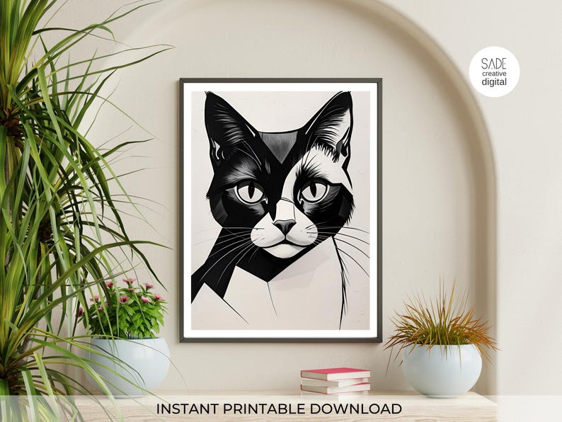 Minimalist Black and White Cat Art Print: Modern Feline Illustration ...