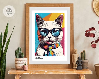 Pop Art Cat Print: Funny Kitty with Glasses (Digital Download)