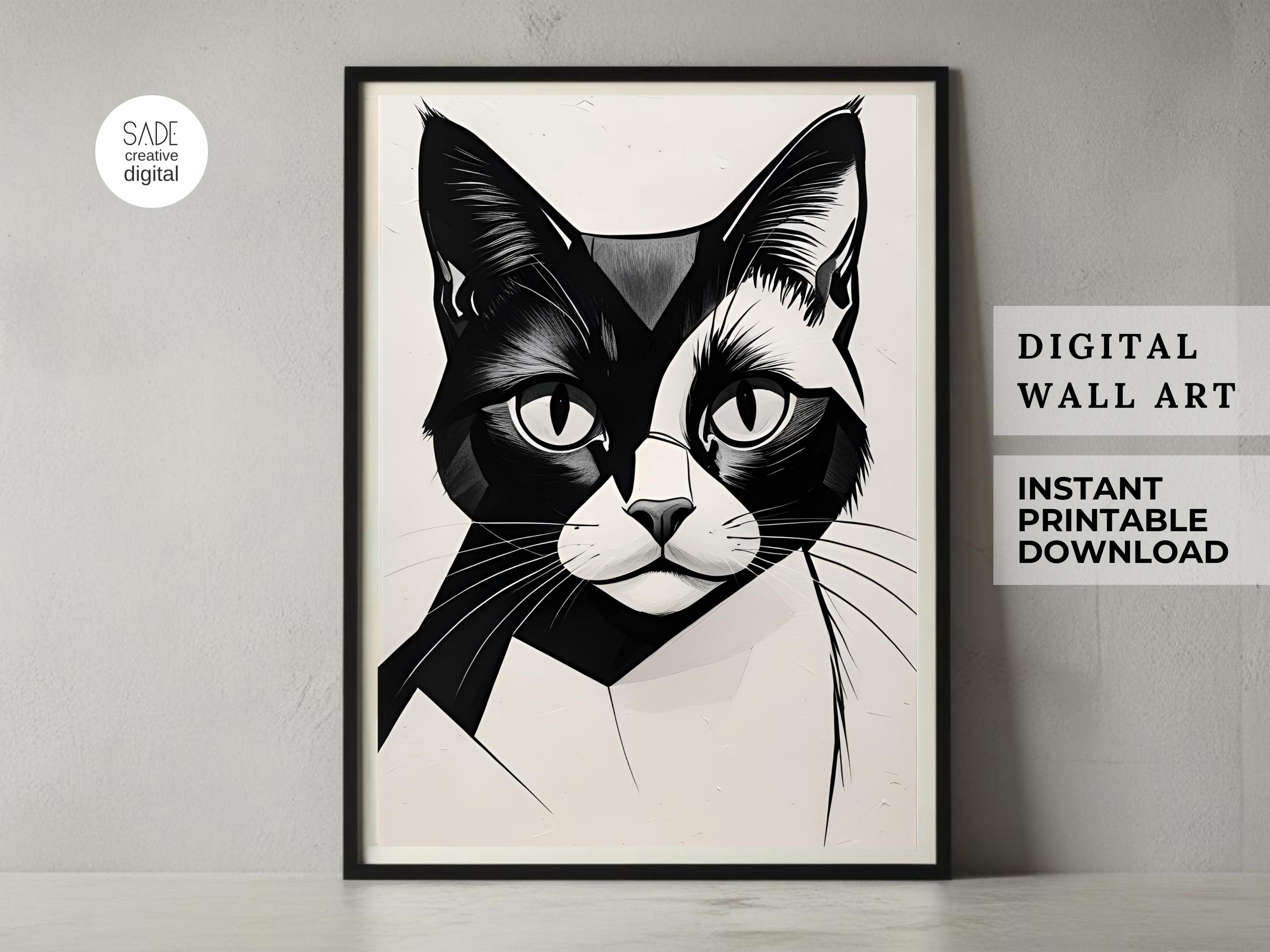 Minimalist Black and White Cat Art Print: Modern Feline Illustration ...