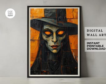 May include: A framed digital print of a witch with glowing orange eyes and a black hat. The artwork has a textured, painterly style with an orange and black colour palette. Text on the image reads "DIGITAL WALL ART" and "INSTANT PRINTABLE DOWNLOAD."