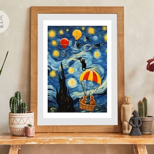 Fliegende Katzen Sternennacht Kunstdruck im Van Gogh Stil (Digitaler Download)