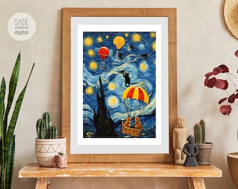 空飛ぶ猫 星月夜 アートプリント：ゴッホ風（デジタルダウンロード）