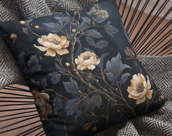 Dark Floral Cottagecore Oreiller Coussin de chaise Oreiller floral noir Forestcore Décor Witchy Oreiller Dark Botanique Gothique Décor à la maison Décoratif