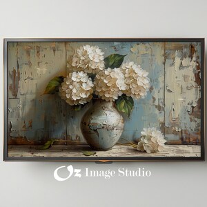 FRAME TV art White Hydrangeas still life, Spring Samsung Frame tv art rustic farmhouse, Neutral floral tv artwork cottage decor | TV279