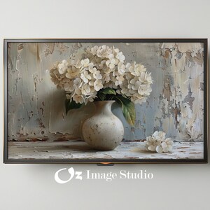 FRAME TV art White Hydrangeas still life, Spring Samsung Frame tv art rustic farmhouse, Neutral floral tv artwork cottage decor | TV279