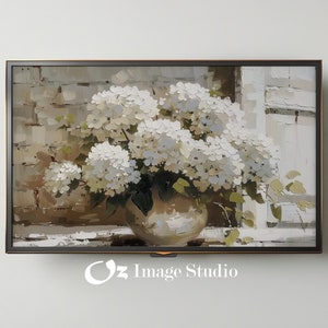 FRAME TV art White Hydrangeas still life, Spring Samsung Frame tv art rustic farmhouse, Neutral floral tv artwork cottage decor | TV279