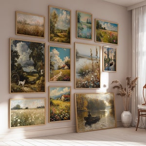 Bundle Vintage Country Landscape Printable Oil Painting Bundle, Antique Farmhouse Mountain Nature Print Wall Art, Set Of 11 Digital Download